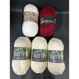5 Mary Maxim STARLETTE Skein Worsted Yarn 106 Natural, 284 White, 127Ruby 3.5 oz